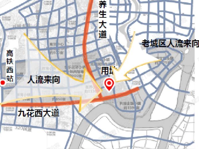 项目用地位于高铁新城南区区块，西北及东部为主要人流来向。
