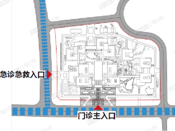 门急诊入口设在养生大道和九华西大道，减少对于周边道路的交通压力。
