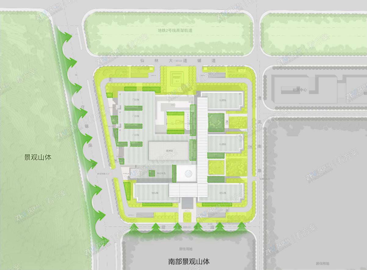 景观设计
       规划通过一系列庭院设置，使门诊、医技、住院在获得采光通风的同时也获得良好的外部景观，还通过借景的手法将西、南侧外部山体景观纳入院区，间接地扩大了景观纵深。