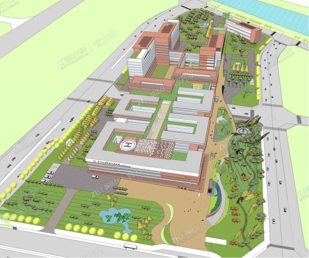 以天府大道为起点的生态慢行景观平台，有机衔接院区跨路医疗功能体。