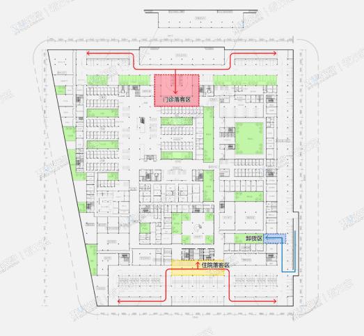 双首层交通模式
双首层的交通模式确保病患快捷就诊。就诊与探视车辆由北侧门诊入口、南侧住院入口直接进入地下，并通过地下门诊、住院的落客区联系负一层住院门厅和就诊大厅，分散就诊人流。