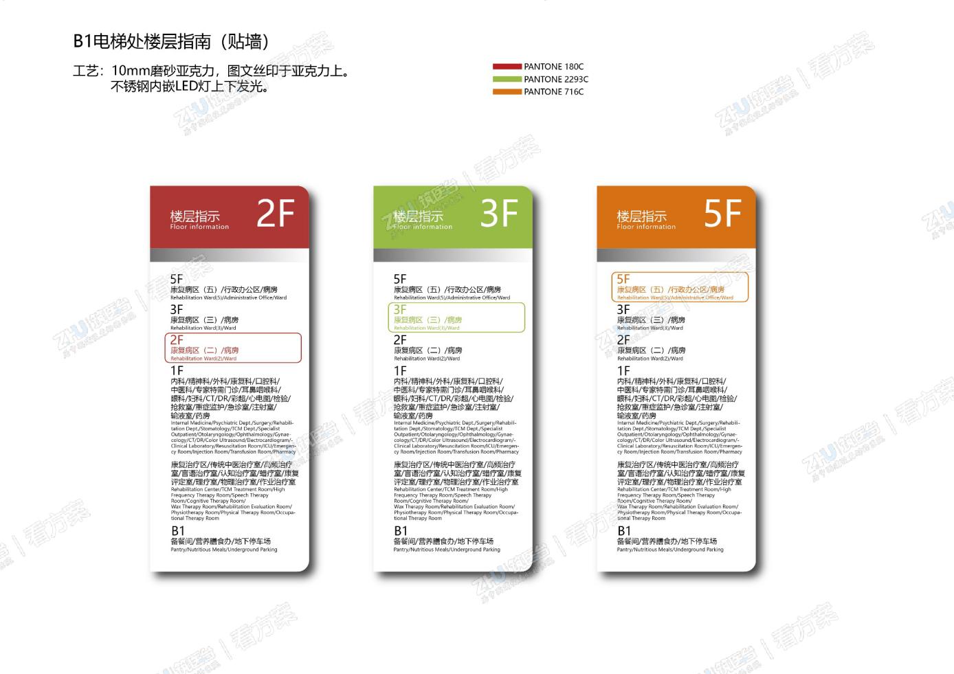 B1电梯处楼层指南
采用10mm磨砂亚克力板材,将图文标识丝印在亚克力板上,不锈钢内嵌LED光源.