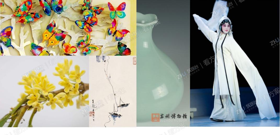 地域性表达:
提取苏州特有的文物：瓶——取平安之意,苏州的市花：桂花——苏韵繁花与“水磨腔”昆曲中的元素，与泰康文化中的“蝶”搭配，作为重点空间的陈设软装主题