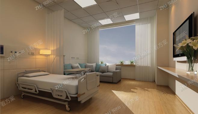 病房
地面采用 PVC 仿木卷材地面，这让病房感觉更有家的感受。乳白色的麻面乳胶漆墙面和同色的墙裙以及壁柜让病房更显简约整洁。
