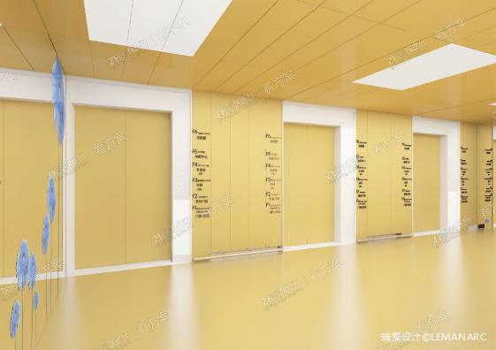 客梯
设计得完全沉浸在明快的色彩之中，人们可以非常容易地找到这些客梯，并且记住它们。改变了访客通常在医院等候电梯时压抑和焦灼心态。