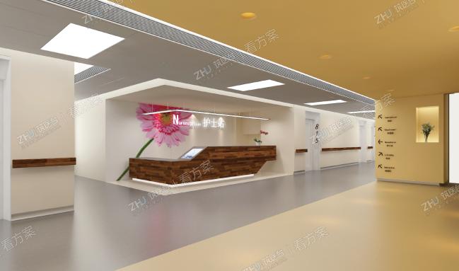 住院病区走廊
乳白色麻面乳胶漆的墙面为住院病区提供了明亮的底色。灰色的橡胶地面和浅灰色的金属吊顶让墙面显得更为轻盈明亮。纯白色的门框让每个病房都易于识别，而斜面的门框设计上的标志让医生和访客很远就能清