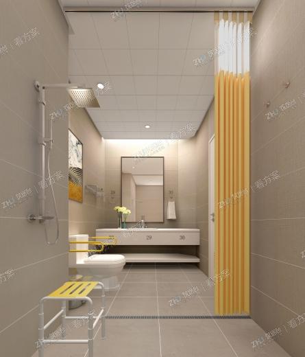 病房卫生间重点考虑细节，台面下部踢板可放置脸盆等病患用品,床号对应各自放置区域,不显杂乱墙面考虑当值冲水龙头、浴巾架等设施，尽显人性化. 淋浴区地面设计挡水槽，美观精致，淋浴凳与无障碍扶手均设计有防滑