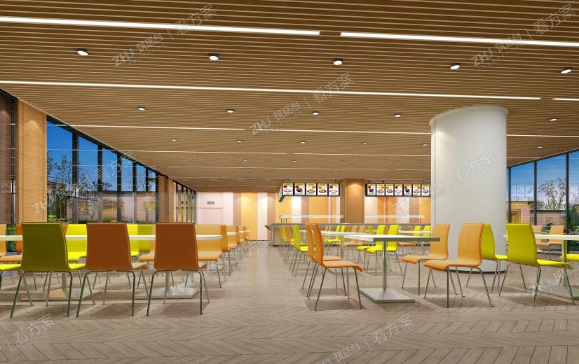 就餐区采用国际化设计理念，天花采用木色条形格栅，简洁时尚，墙面采用抗倍特板装饰，美观易打理，局部墙面面采用彩色条带装饰更符合餐厅的就餐氛围.洗手盆区域用彩色砖点缀,提升空间设计品质.地面采用斜纹条砖与