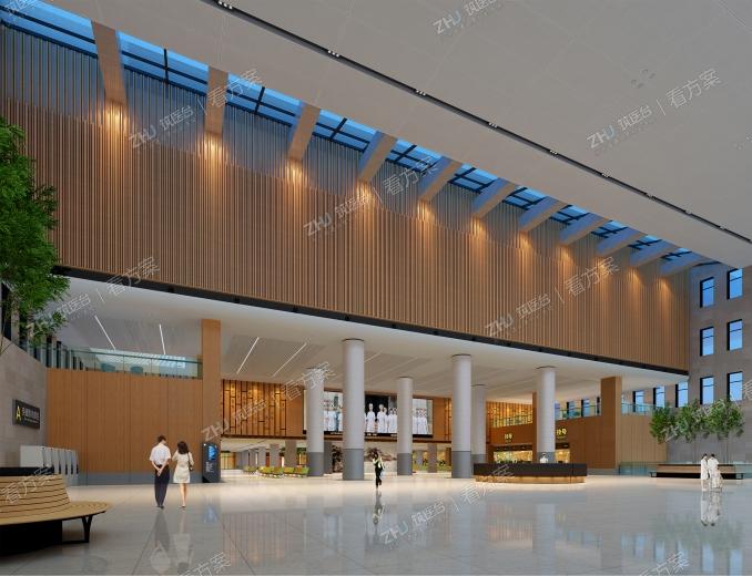 门诊大厅
竹简，中国文化传承之物， 临沂竹简文化历史悠久，《银雀山汉墓竹简博物馆》是全国第一座汉墓竹筒博物馆,本案在门厅背景区域通过运用现代的艺术设计手法再现竹简的历史文化形态.