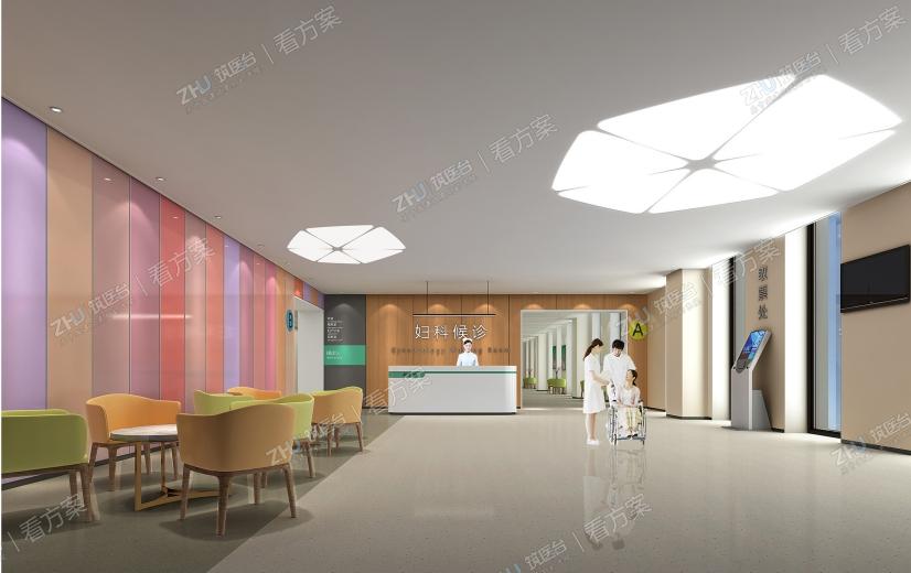 妇科候诊区方案
为增加科室的特色，妇科区域采用符合女性特征的粉红色,天花区域采用花瓣造型软膜天花灯具，与女性柔美的特征相吻合.