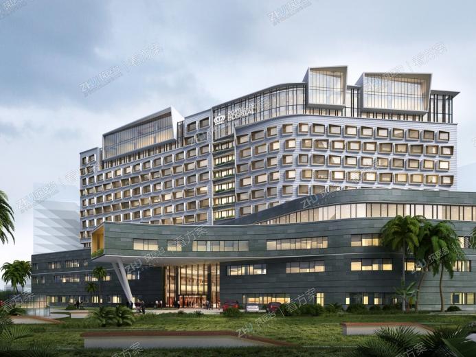 主入口人视图
总体规划从岭南自然生态文化出发，结合法 国园林的设计手法，塑造充满地域性文化的现代医院。