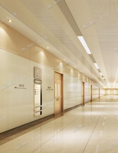 导向清晰的诊室走廊 
作为连接各个诊室的主要通道，需具备通畅的流线，保证清晰导向的功能，采用抗污、耐腐蚀的HPL医疗板，在色彩搭配上，延续大厅的木色色调，并预留标识标牌的设置空间。