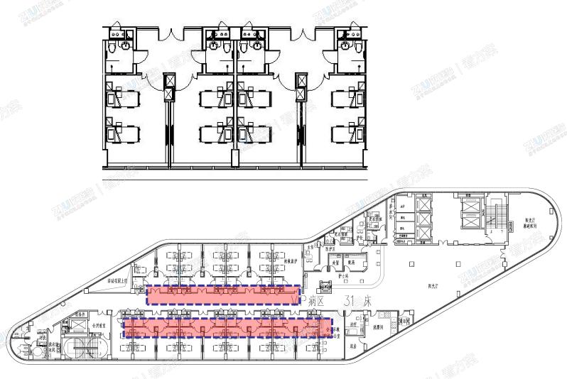 病区
采用“酒店式”病房。内卫生间，增加病房采光面。传统一房一卫模式，两病房共用两个卫生间，提高卫生间使用效率。

