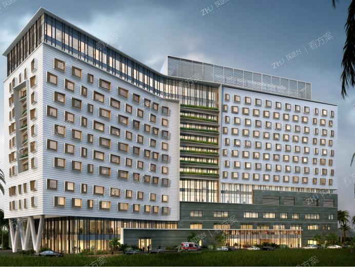 北侧次入口人视图
结合岭南传统园林和西方 几何形花园的特色，把建筑室内室外的绿色空间巧妙融 合，通过入口庭院园.屋顶花园，以及立面立体绿化， 整个院区建筑与绿化立体融合，交相辉映。