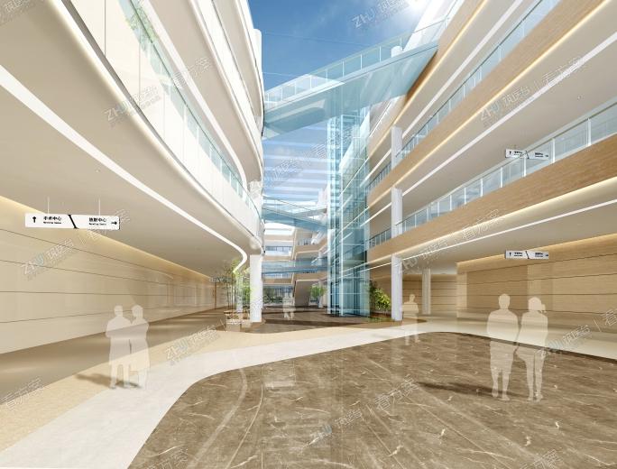 图03：灵动的医院街
在医院街中部设置了钢化玻璃的观光电梯，贯穿在整个医院街大厅的玻璃连廊和医院街顶部的玻璃顶中。