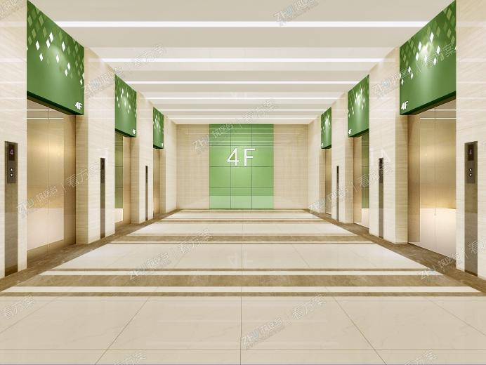 简约明朗的普通病区电梯厅
整体风格简约现代，地面采用石材拼花设计，顶面采用灰白相间的色彩搭配，二者相互呼应，电梯门上方的绿色铝板结合参数化树叶图案，使用清新自然的色彩，给人自然健康的空间感受。