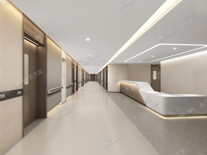 VIP（特需）病房走道方案二
在方案一的基础上略做色调调整，米色和咖色的墙面，浅胡桃木的门及暖灰的HPL医疗板，体现出温润的质感，不仅舒适、高端而且不失温馨。