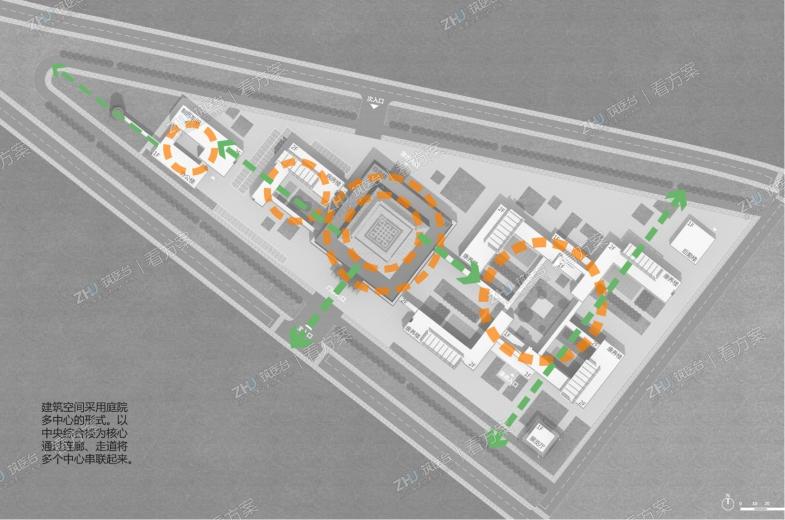 建筑空间采用庭院多中心的形式,以中央综合楼为核心,通过连廊，走道将多个中心连接起来