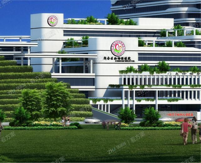 设计中通过预留出较大的广场、绿地、隐蔽而又休闲式的连廊、庭园空间等等，展示了花园和园林景观 式的现代化医院形象。
