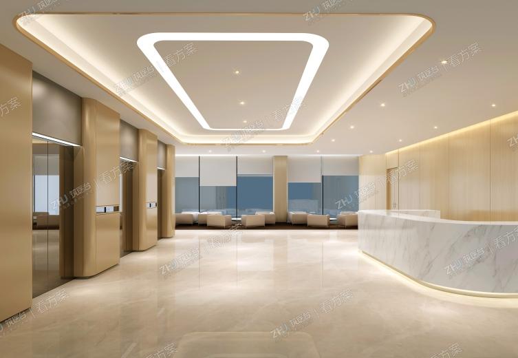 高端质感的VIP（特需）电梯厅
简洁柔和的弧形线条勾勒天面的造型，采用浅金色、灰色、米黄和白色等色彩相互衬托，既体现出高端的品质感，又有舒适的温馨感。