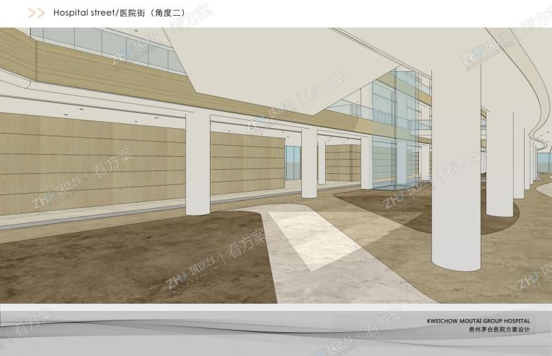 医院连廊走道推敲图2
大厅地面采用暖色系的仿石材地砖，在挑空空间内顺应建筑弧面栏板的走势进行拼花，强化弧形的视觉美感。