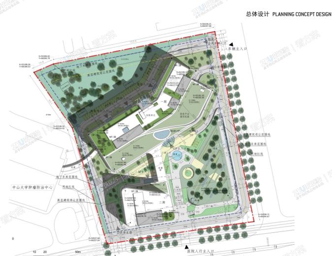 一、二期建筑整体性规划布局；车行道路沿地块外围，环绕建筑，分区明确，重点突出，院内人车分流；建筑主入口设立主要广场庭院，通过立体花园的设计，使整座医院掩映在绿色自然环境中
