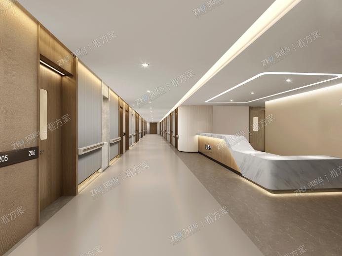 VIP（特需）病房走道方案一
采用米色和驼色材料装饰墙面，再加上浅木纹的门，让空间更温暖明亮，整体的墙面造型使狭长的走廊不再琐碎无序，营造出一个浅色系的柔和空间。