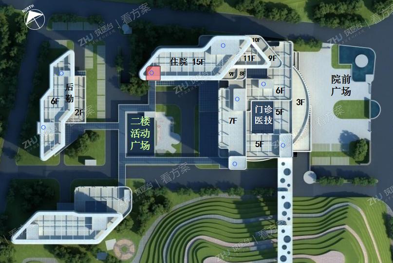 一期建筑交通体8个，建筑投资少，出房率高； 住院楼南北朝向，主要朝向视野开阔；建筑布局紧凑，留出远期发展用地， 前后均有宽的绿化活动场地；建筑流线便捷效率高；
