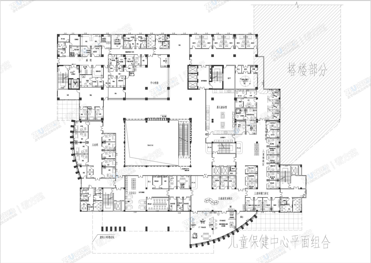 儿童保健中心平面组合
医院内部功能区采用相对集中的平面布局，通过宽大的采光大厅连接各个独立诊区和药房、输液观察、医技检查、住院等区域.