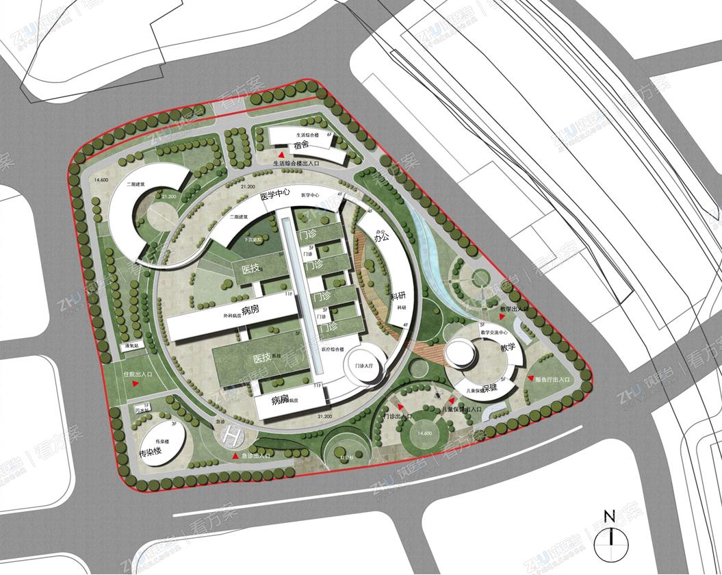 规划布局：回应场地现状
根据用地现状，形成与不规则边界相切的主体圆形体量。高台上的圆形体量进一步根据现存高差与功能分区向四角进行细胞似的分裂，以保证主体医疗建筑位于相对平坦的用地范围内。