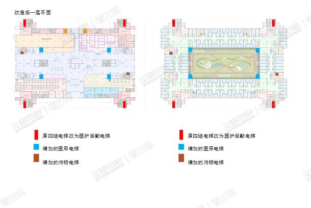 一层电梯改造后平面图
主楼暂无满足病人使用的病床梯及污物电梯，为减少对主楼结构的影响， 在主楼范围外增加四组共八部医用电梯，每个护理单元俩部。主楼原交通核供医护工作及后勤办公使用。