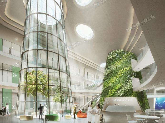 商业置入中庭尺度宜人鼓励交流，患者尽快回归社会
