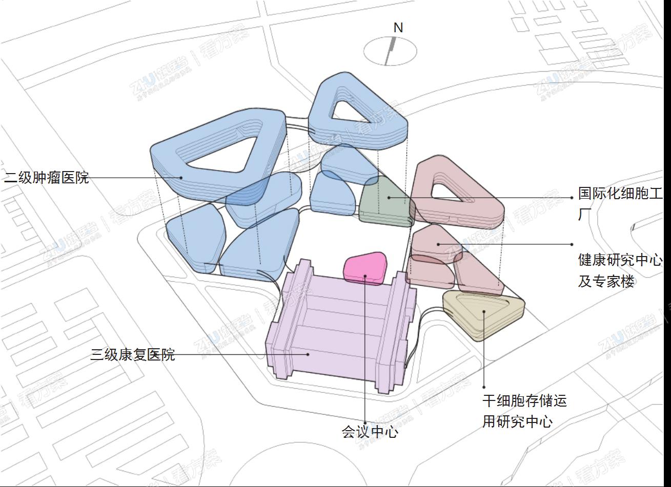 功能分区
功能分区以“布局合理、动线明晰、科学实用”为原则，分为三级康复医院、二级肿瘤医院、健康研究中心及专家楼、干细胞研究中心、国际化细胞工厂。