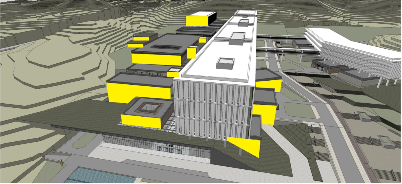 建筑设计效果图
建筑植根于贵州当地建筑文脉，将医疗功能空间分散到一些大小不一的建筑体块中。在功能合理的基础上，在建筑表现形式上“化整为零”，体块之间由内庭院分割。解决医疗区的自然采光通风等问题