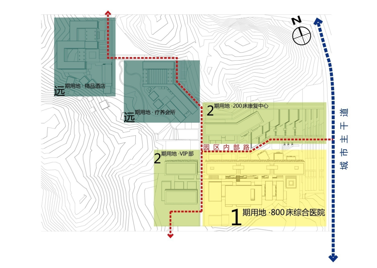    一期综合医院紧邻东侧紧邻康宁大道。快速疏解门诊人流，减小内部交通压力。
 二期VIP部位于一期综合医院西侧。地势高并且较为僻静，距离医技检查区比较近。
二期康复中心位于一期综合医院北侧。