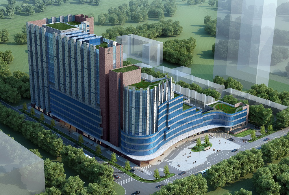 2012年起，医院建设保健医疗综合楼一期、二期陆续建成，一期工程开放床位1000张，建筑面积为59783㎡。图为医院外景效果图