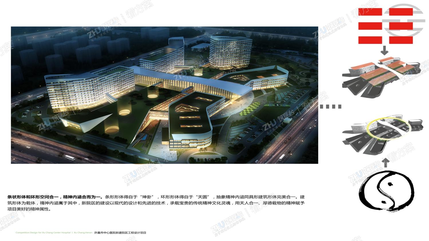  在医院建筑总体设计中，从形态角度来看，大致分为集中式、半集中式、分散式。本案结合许昌市当地特有的城市结构肌理及地块特点，采用高效的集中式与院落式相结合的布局方式。