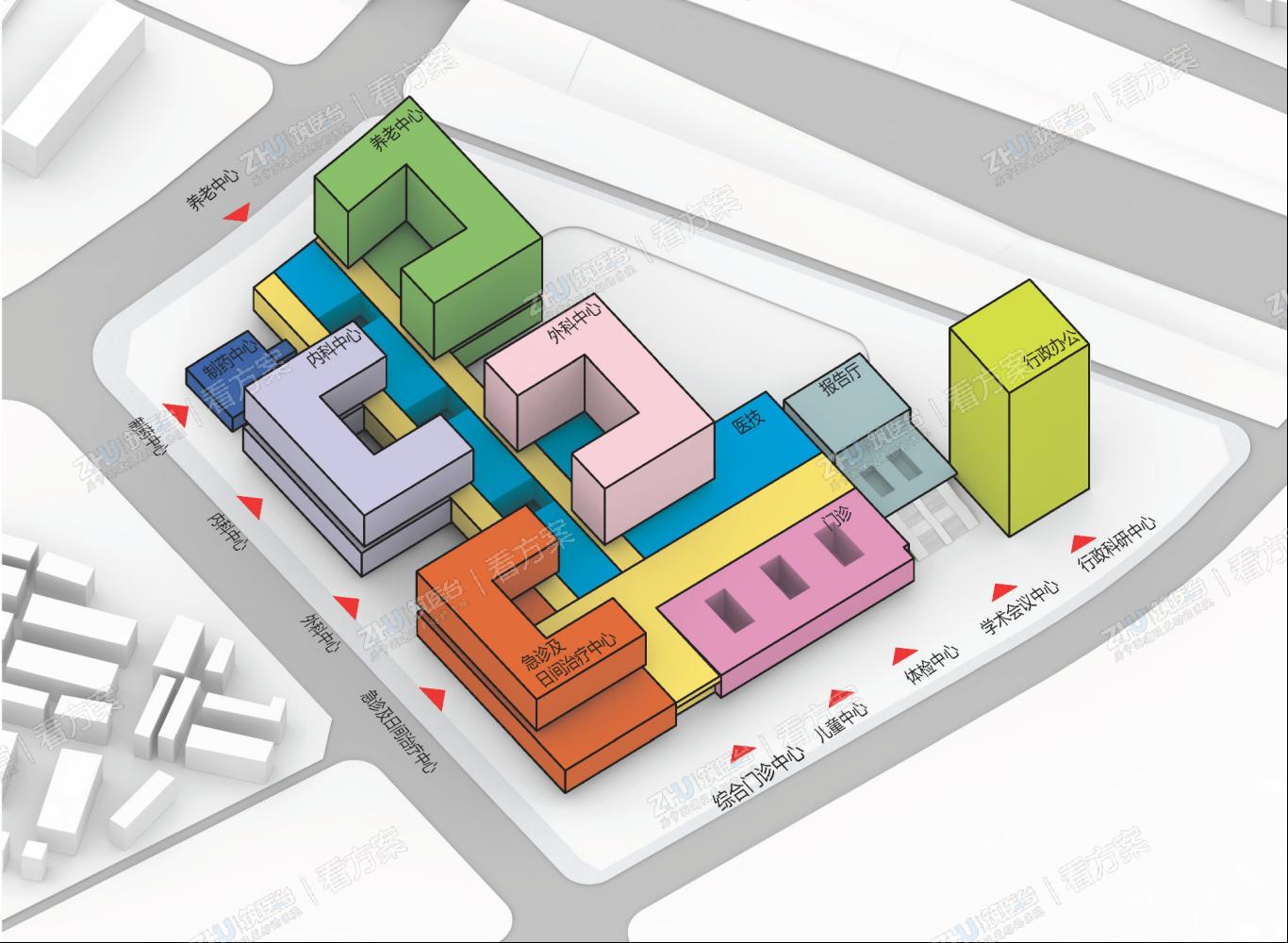 多中心的医疗模式  方案创造了一种高效、多中心的医疗模式，各中心设置独立的出入口流线，以疏解超大型医疗综合体大量而集中的交通压力。