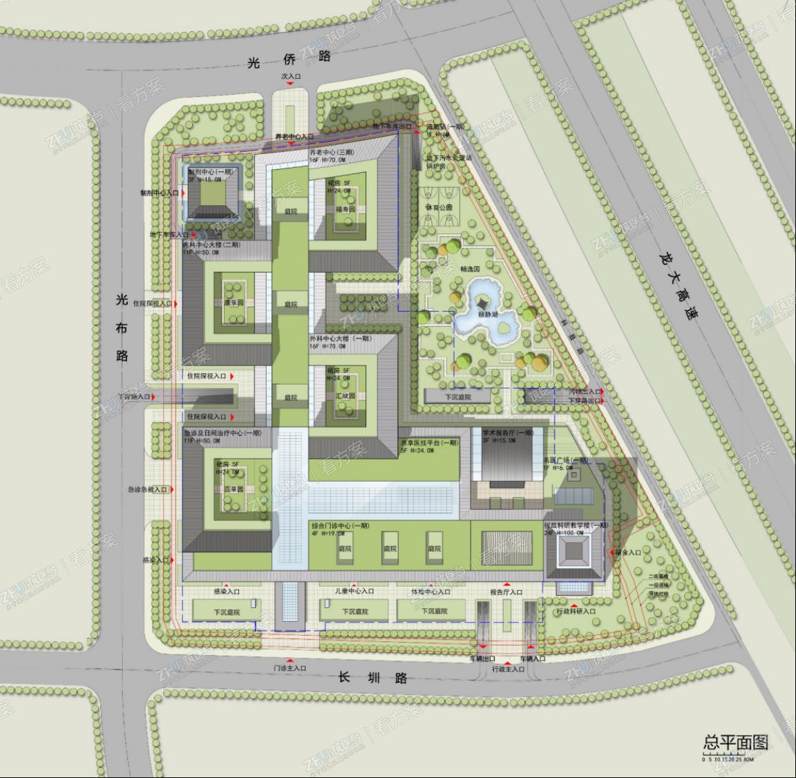 医院总体规划 医院主体由七个关键部分组成：门诊街和住院街公共空间系统、共享的医技系统、中心化的门、急诊医疗系统、住院和养老医疗服务系统、行政、科教及后勤系统、疗愈性花园系统、地下物流及交通枢纽系统。