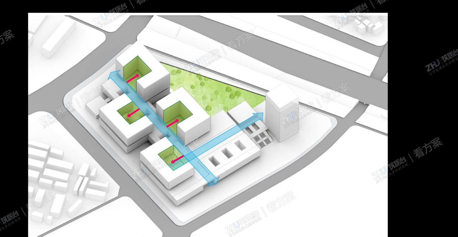 医院体量整合  方案通过化零为整的设计手法，将住院单元成组布置，并引入阳光通道，创造出具有围合感的住院环境。
