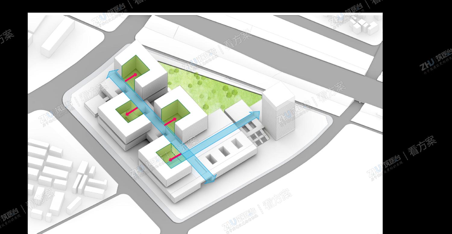 医院体量整合  方案通过化零为整的设计手法，将住院单元成组布置，并引入阳光通道，创造出具有围合感的住院环境。
