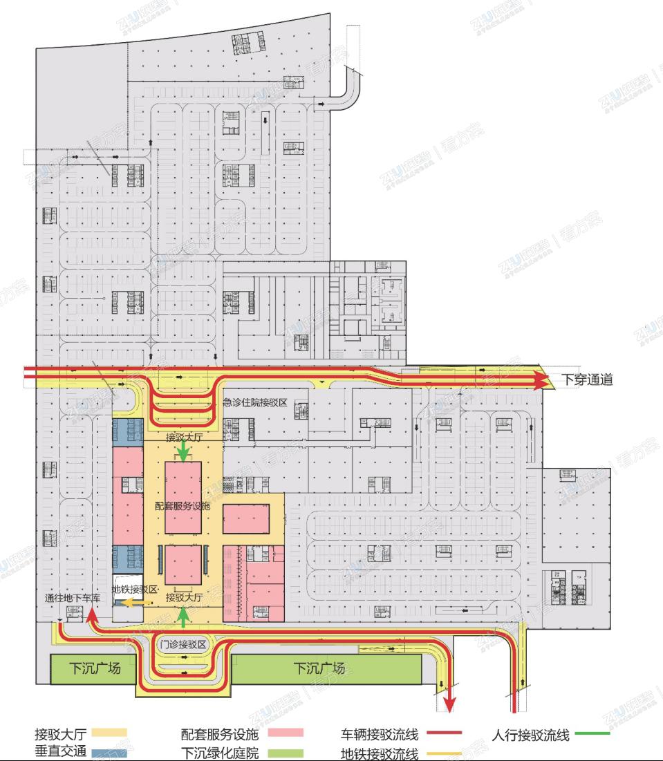 人性化立体交通   三个接驳区共享一个接驳大厅，配置服务设施与扶梯电梯。 接驳流线单向循环提高效率。