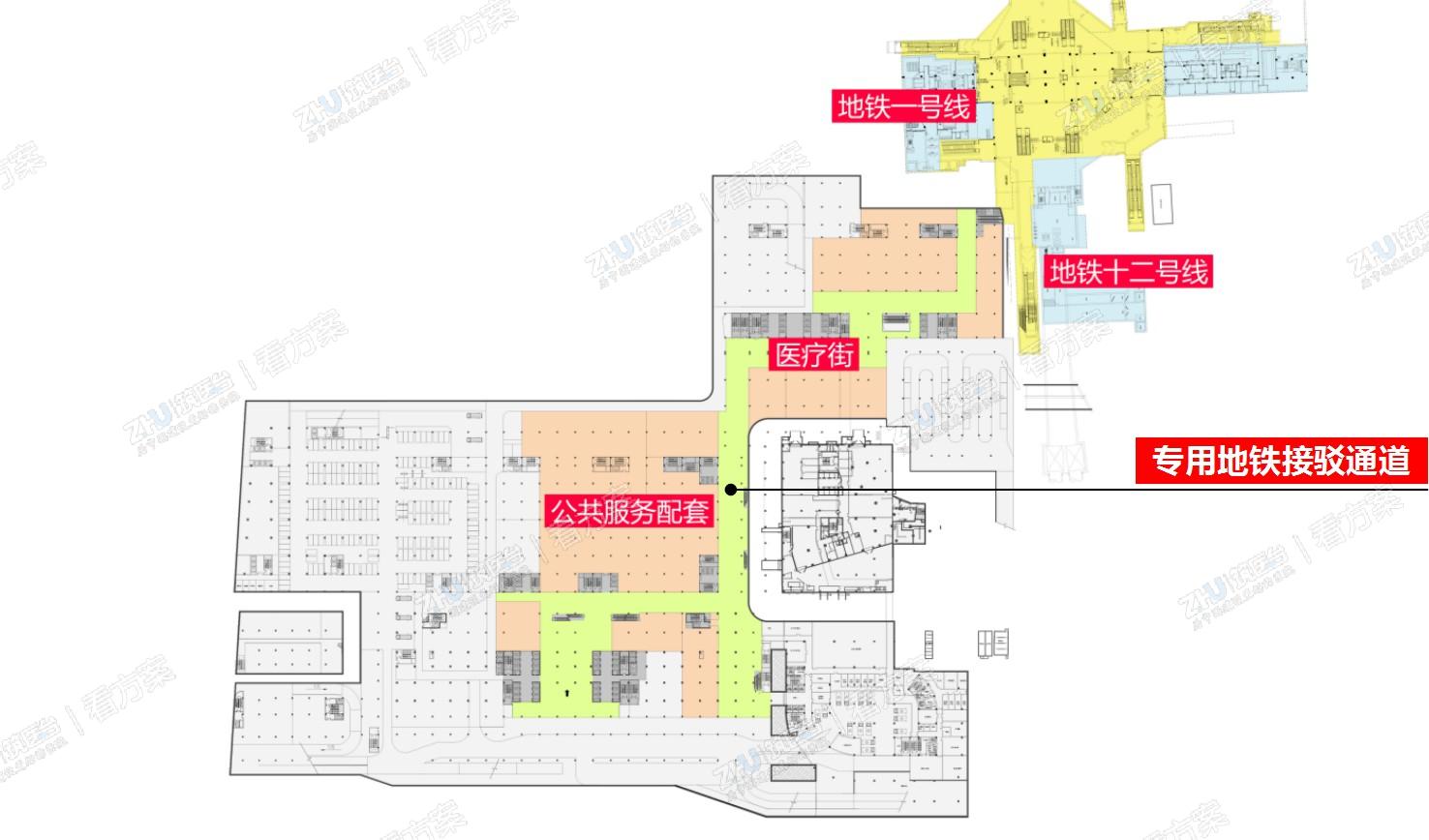 双地铁无缝接驳
地下一层设置专用地铁接驳通道，与地铁建立无风雨联系。为了改变传统医院冰冷的空间感受，沿地铁通道两侧植入多种服务设施和共享功能，为全院提供优质服务。