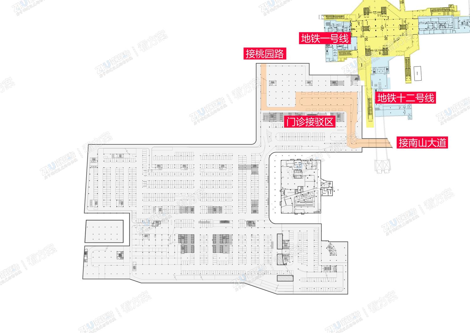 无风雨立体交通
结合南山大道设置医院专用下穿通道，避免南山大道北向掉头车辆对道路的拥堵，同时结合下穿通道设置门诊区专用交通接驳系统，提高进出车效率。