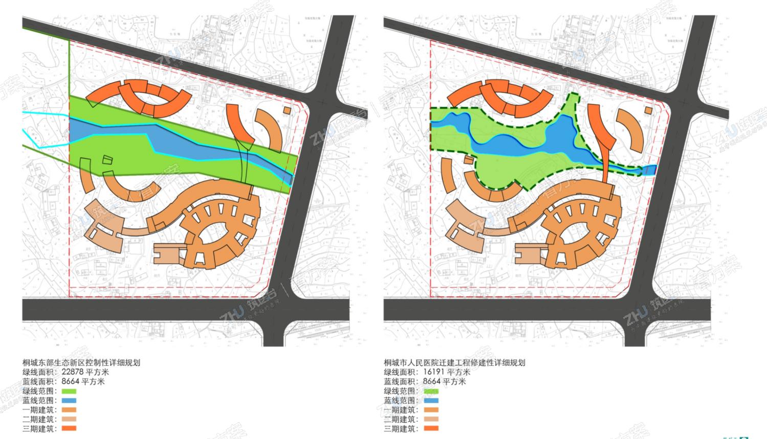 设计亮点：对于工程项目建设条件的协调与自我完善。根据地下军事光缆的走向与方案设计形态，将割裂建设用地的蓝线与绿线轮廓进行调整，通过整体平衡，满足全院区35%的绿化率指标。
