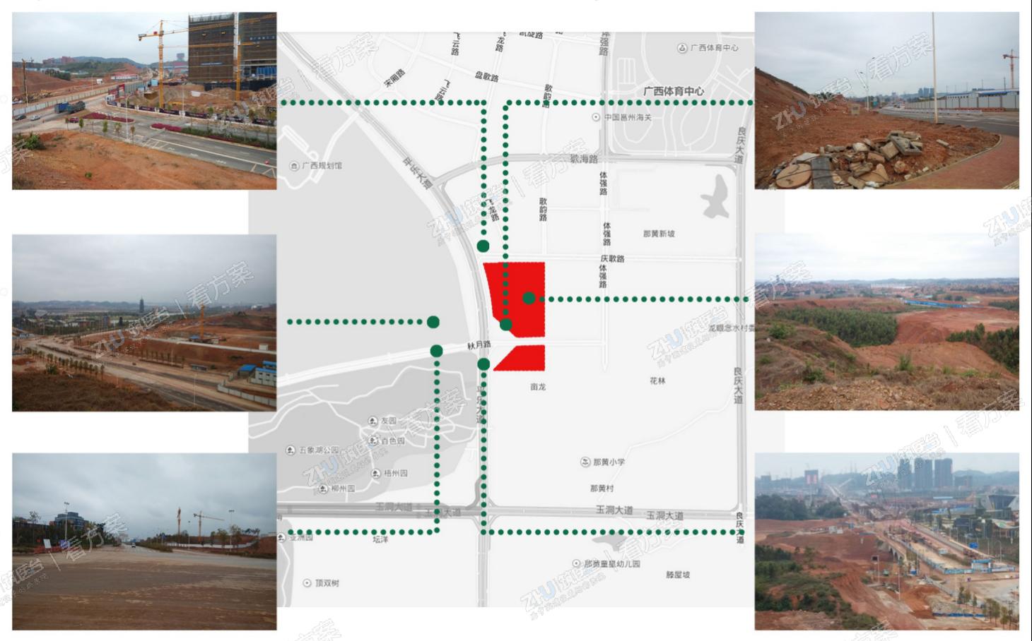 环境分析
项目用地北面、西面临城市道路庆歌路及平乐大道，中间由秋月路把整个用地分为南北两个地块，用地西侧隔平乐大道为联通五象东盟信息交流中心，北侧隔庆歌路为建筑工集团，东侧与五象口腔用地毗邻。