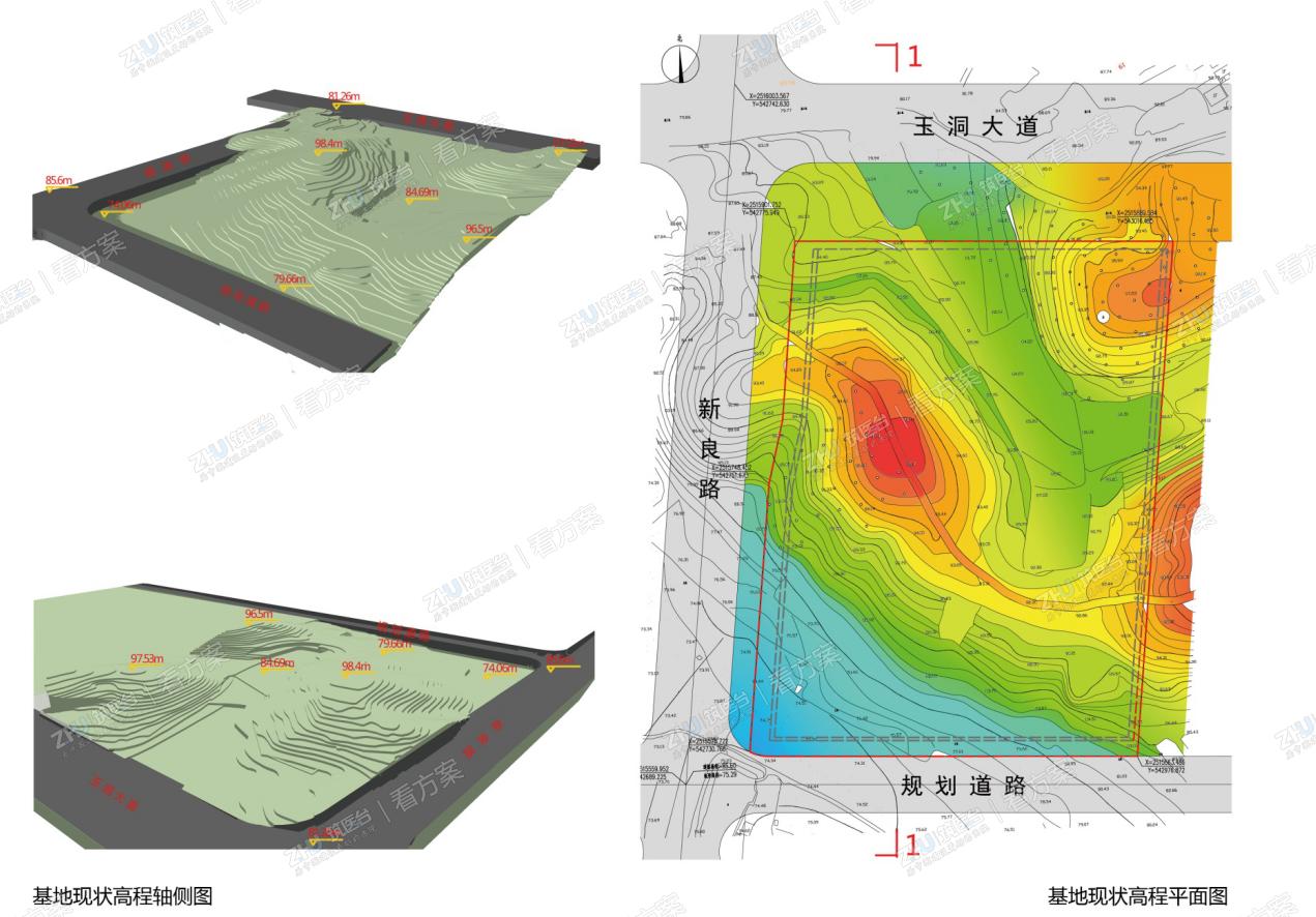 医院场地解读： 基地为丘陵地貌，高程范74m~98.4m，其中西部、东北及东南部为三处山丘，地势高差较大；山丘包围形成的中部地带南北延伸，地势坡度较为平坦。
