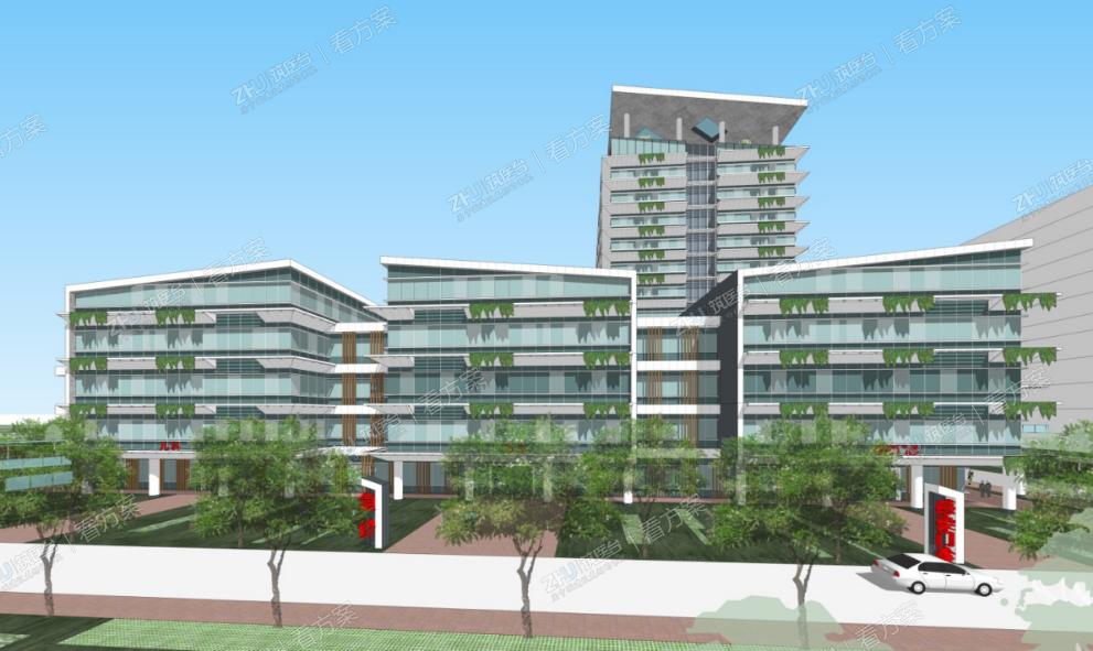 医院建筑布局：对传统建筑挑檐演绎，形成新的建筑元素。
