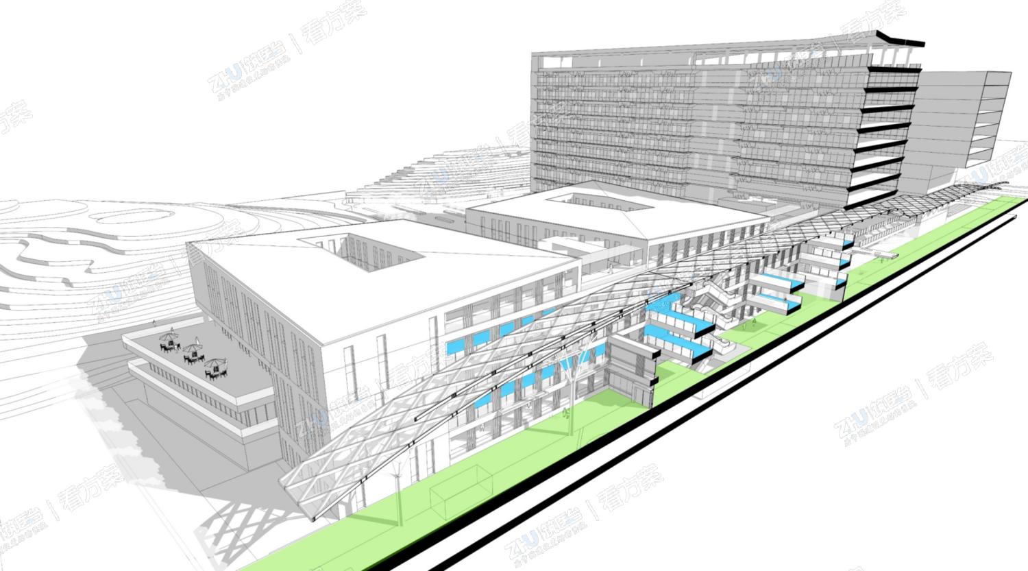 医院绿色节能设计：利用气候将医院的门诊大厅、医疗主街开敞。加强建筑内部的自然通风，提高室内空间的舒适度。降低建筑能耗，真正实现绿色医院建筑。
