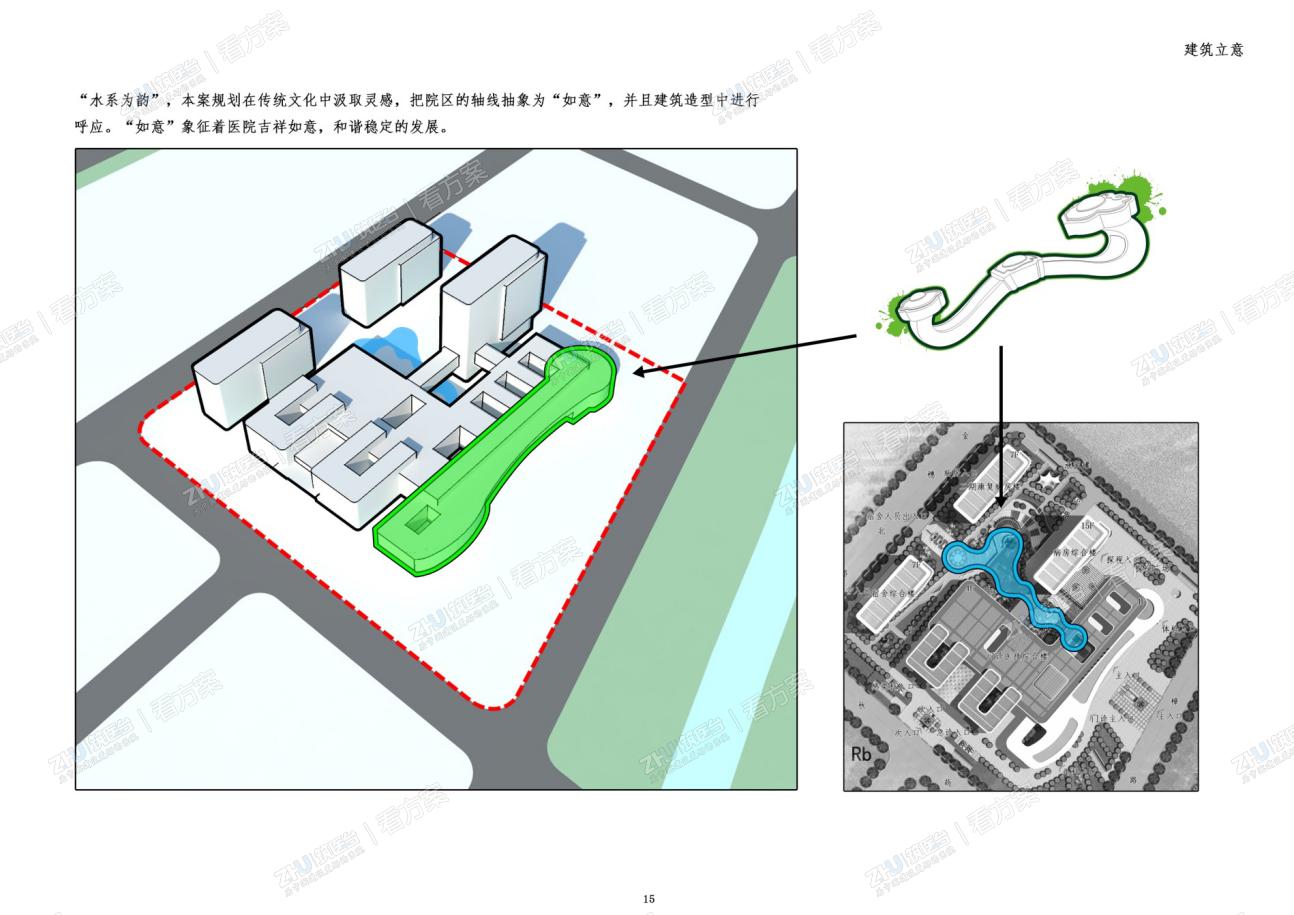 项目理念——建筑立意
“水系为韵”，本案规划在传统文化中汲取灵感，把院区的轴线抽象为“如意”，并且建筑造型中进行呼应。象征着医院吉祥如意。
